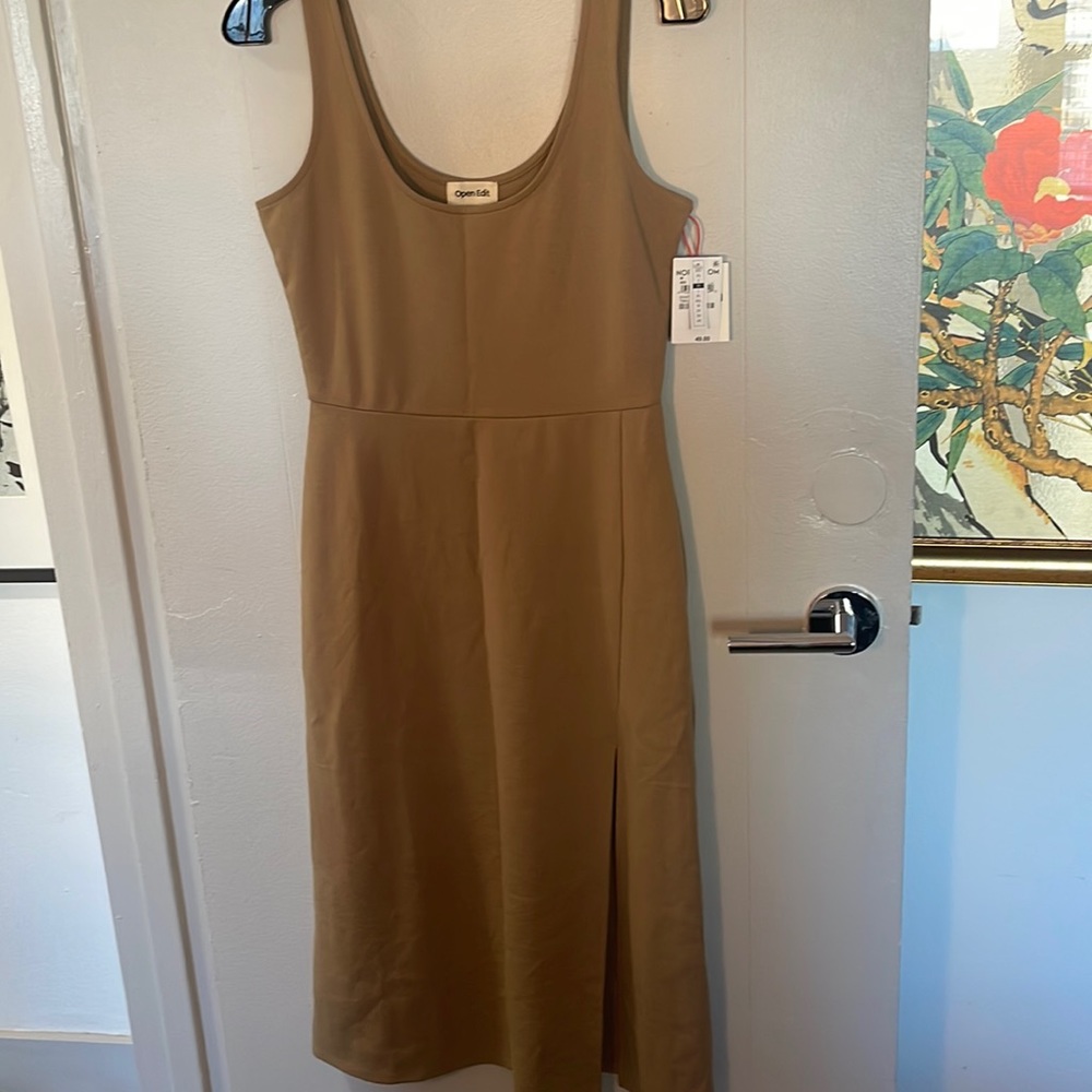 Open Edit Fitted Taupe Dress with Slit.